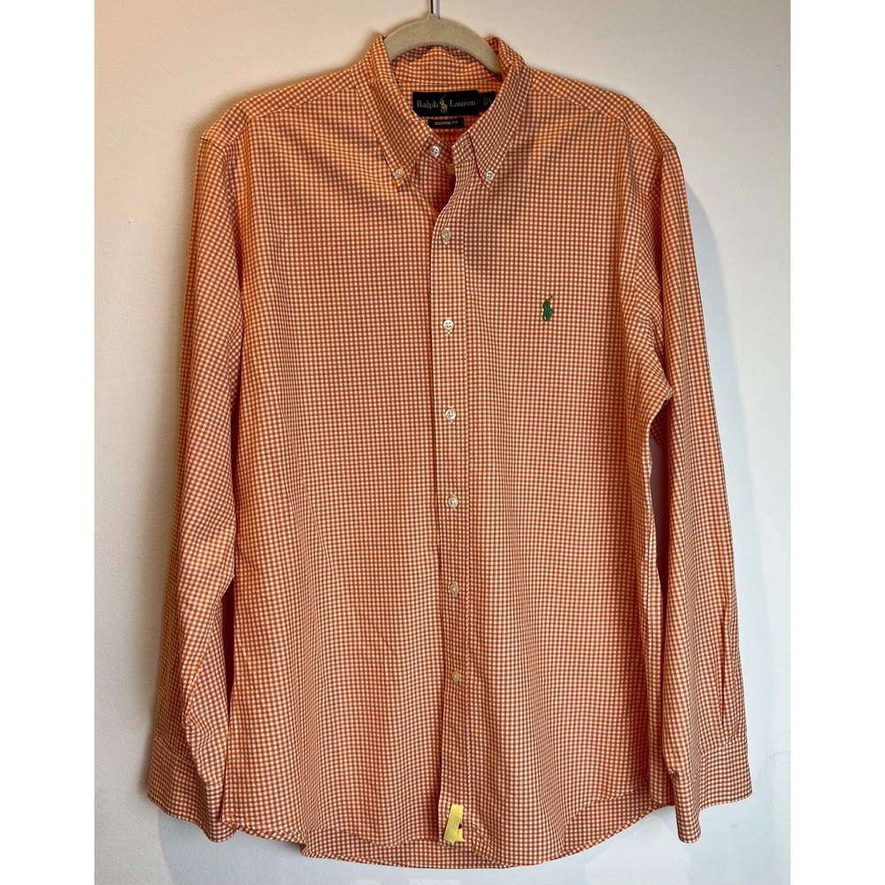 Ralph Lauren Men's Button‑Down Shirt L Custom Fit Orange/White Gingham Pony Logo